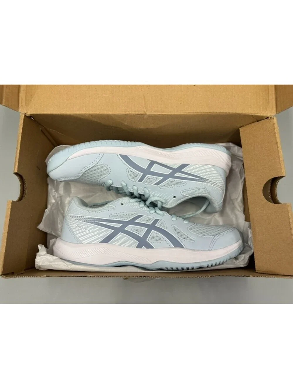 Women’s ASICS Upcourt 6 Volleyball Shoes, Cool Grey/Grey Blue, Size 6.5 w/Box